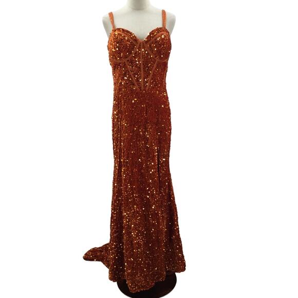FORMAL SZ 16 2x plus rust orange sequin mermaid lace up maxi dress NEW B106 - Picture 1 of 8